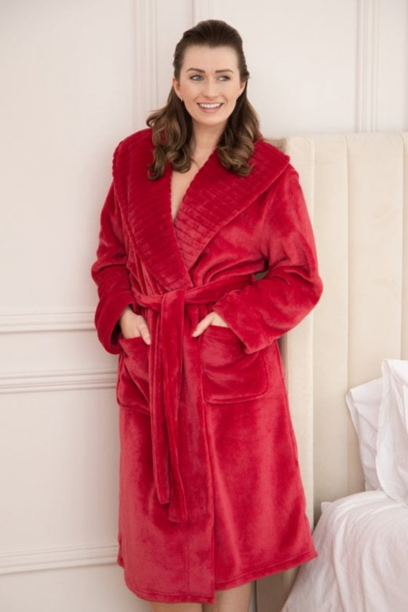 Burgundy Camille Lingerie Burgundy Supersoft Fleece Ribbed Collar Robe, Image 4 of 7