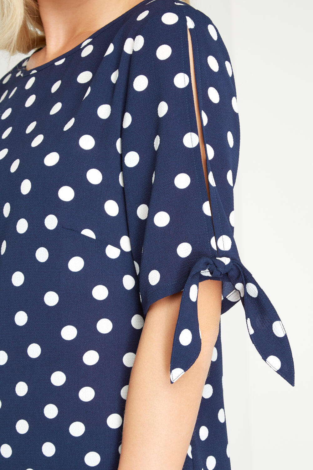 Navy Polka Dot Sleeve Tie Top, Image 4 of 5
