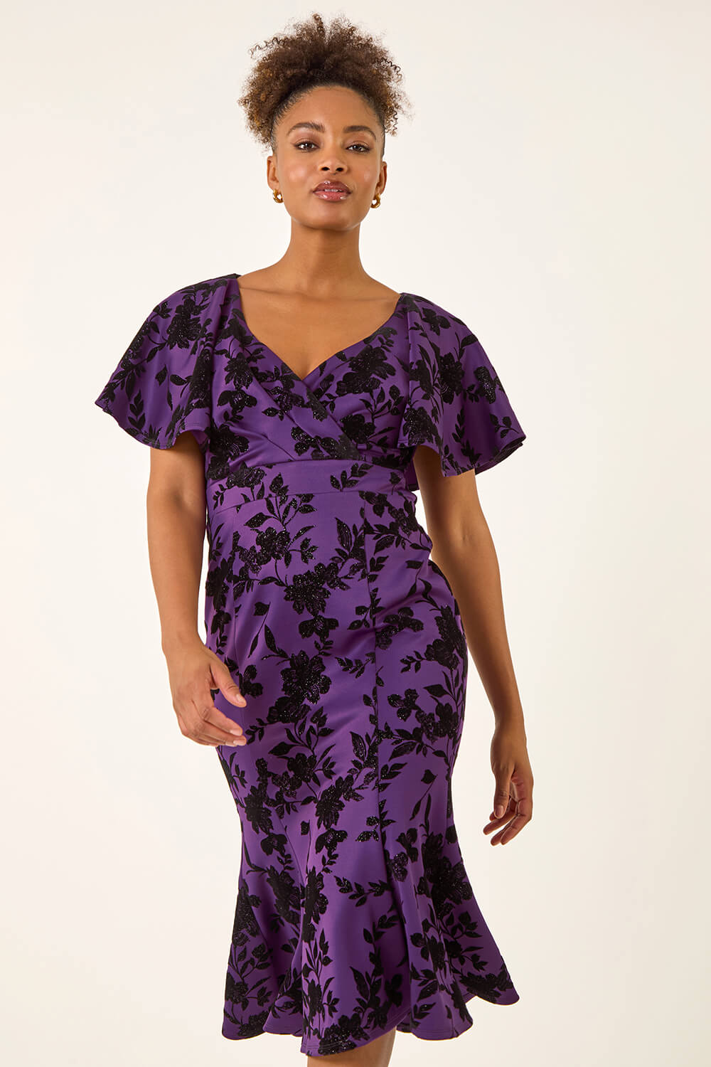 Purple Glitter Floral Flocked Flutter Dress, Image 4 of 6