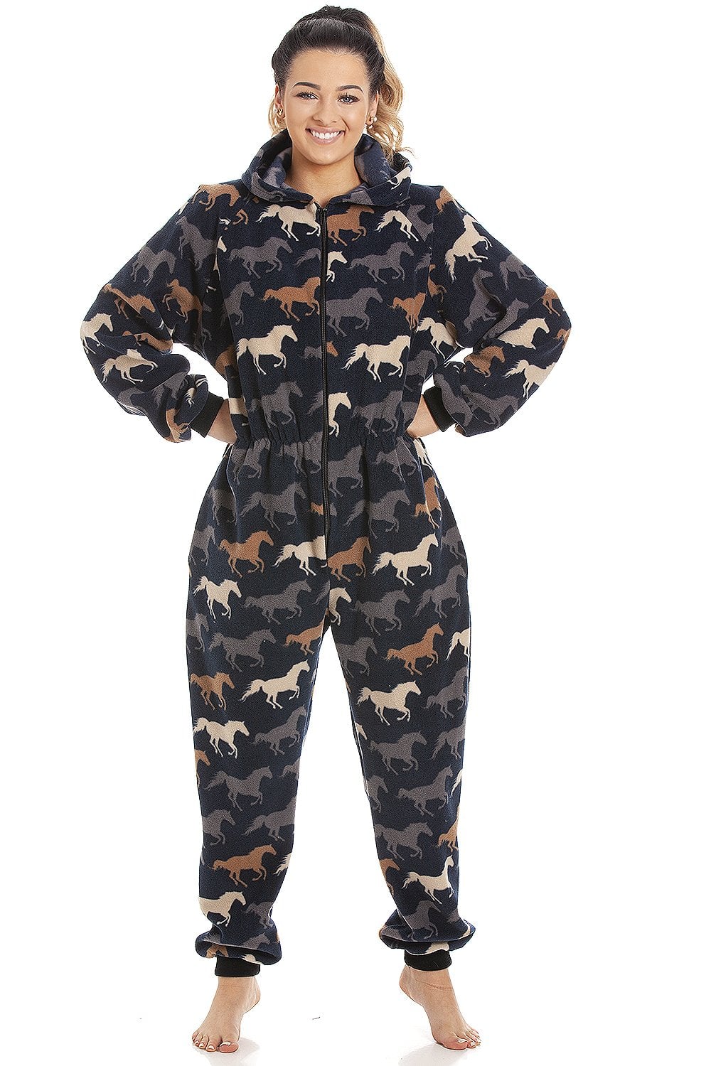 Navy Camille Lingerie Navy Supersoft Multicoloured Horse Print Onesie, Image 2 of 5