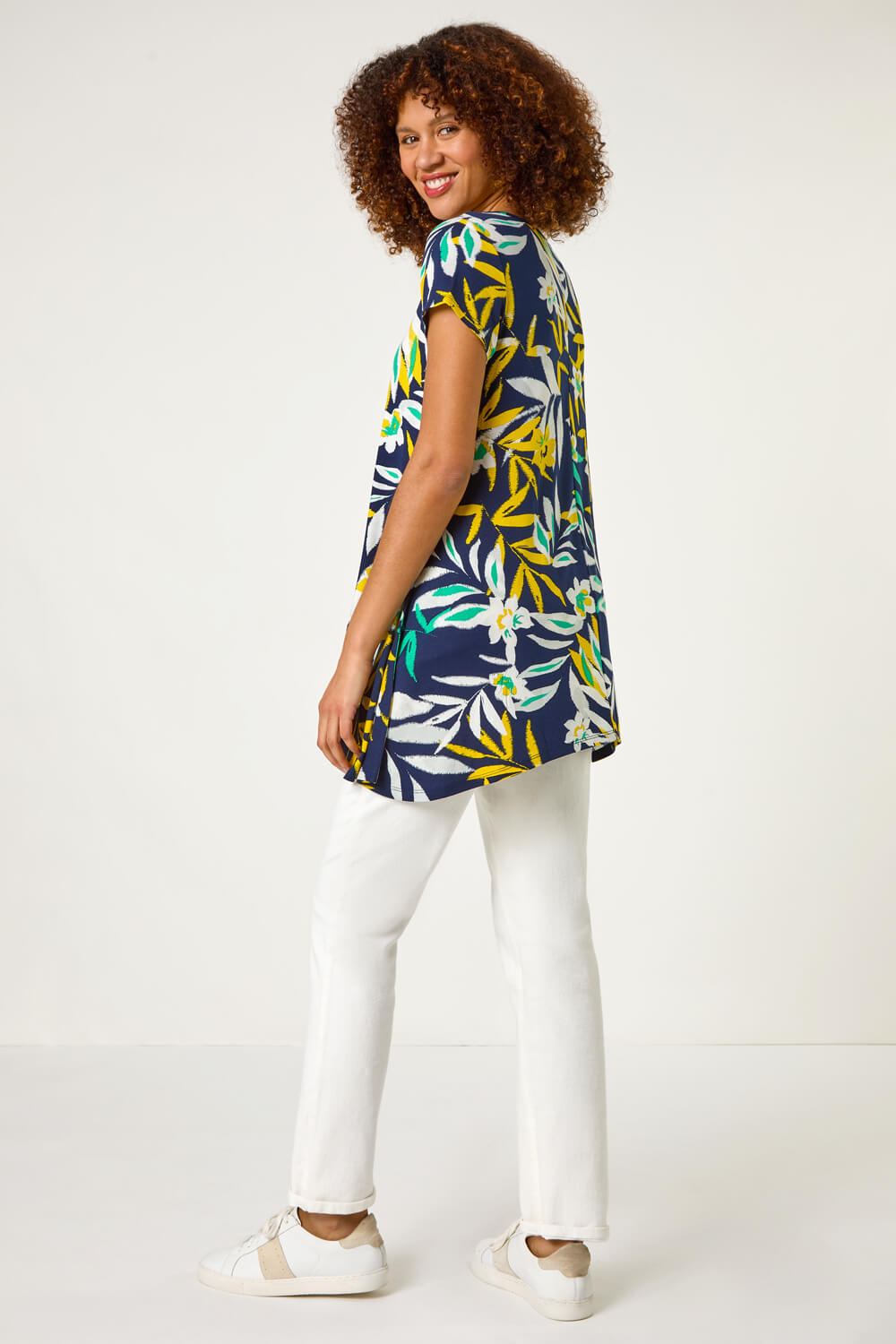Yellow Leaf Print Hanky Hem Tunic Top, Image 4 of 5