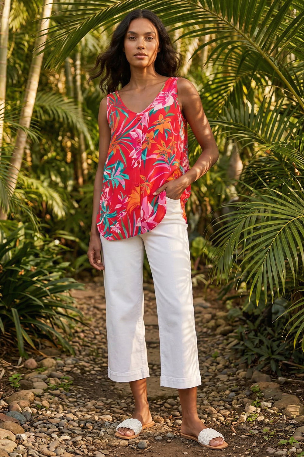 Red Tropical Print V-Neck Button Cami Top, Image 4 of 4