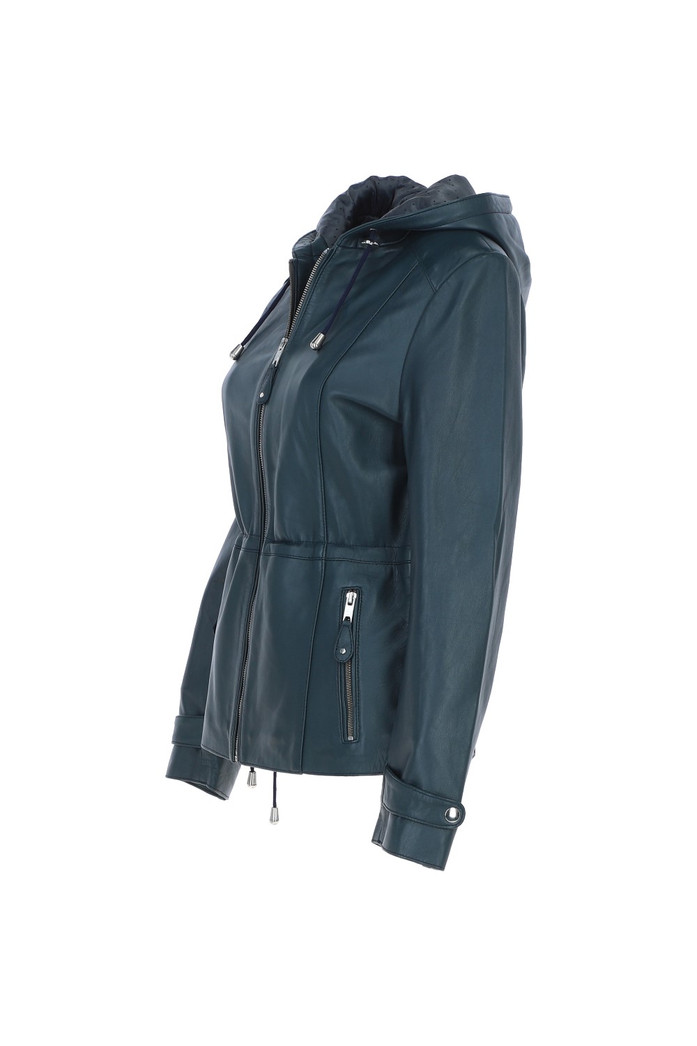 Navy 'Anne' Leather Jacket with Adjustable Waist String, Image 3 of 5