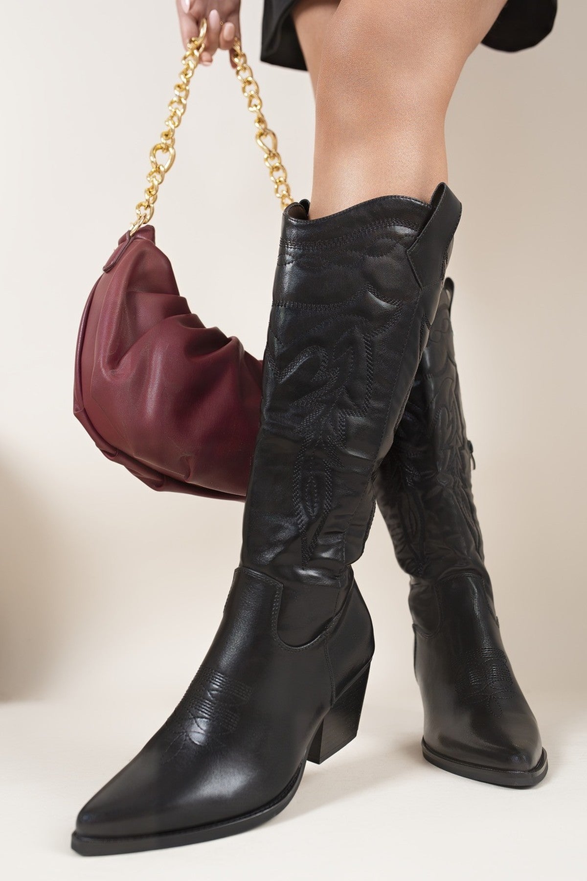 Black iKrush Black Emira Western Stitch Knee High Block Heel Boots, Image 2 of 8