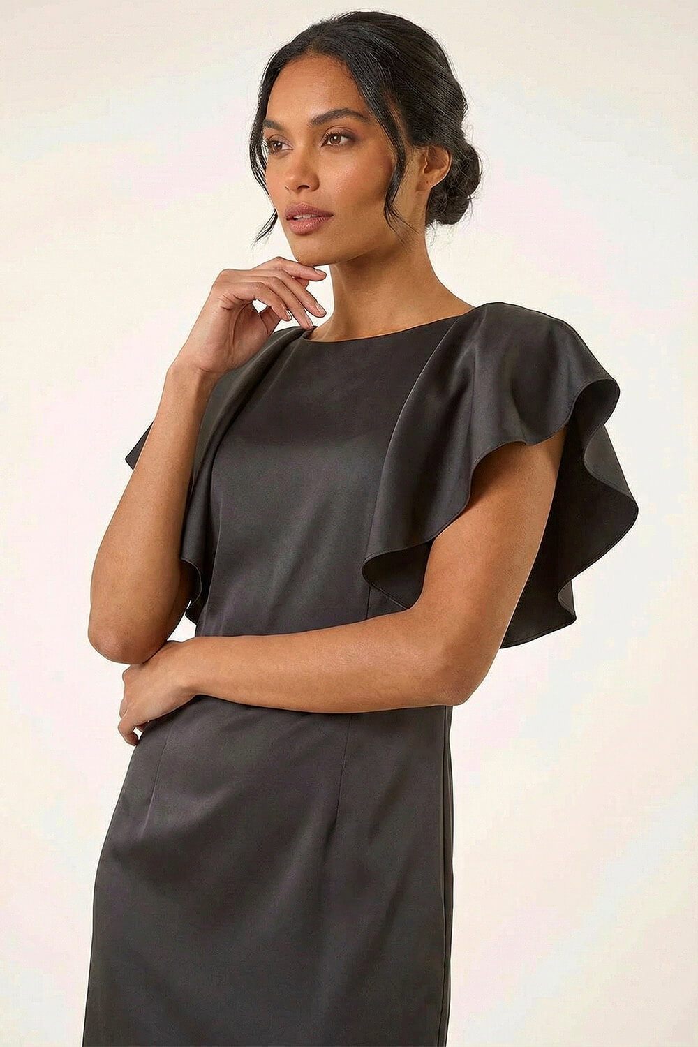 Black Satin Ruffle Sleeve Dress, Image 6 of 6