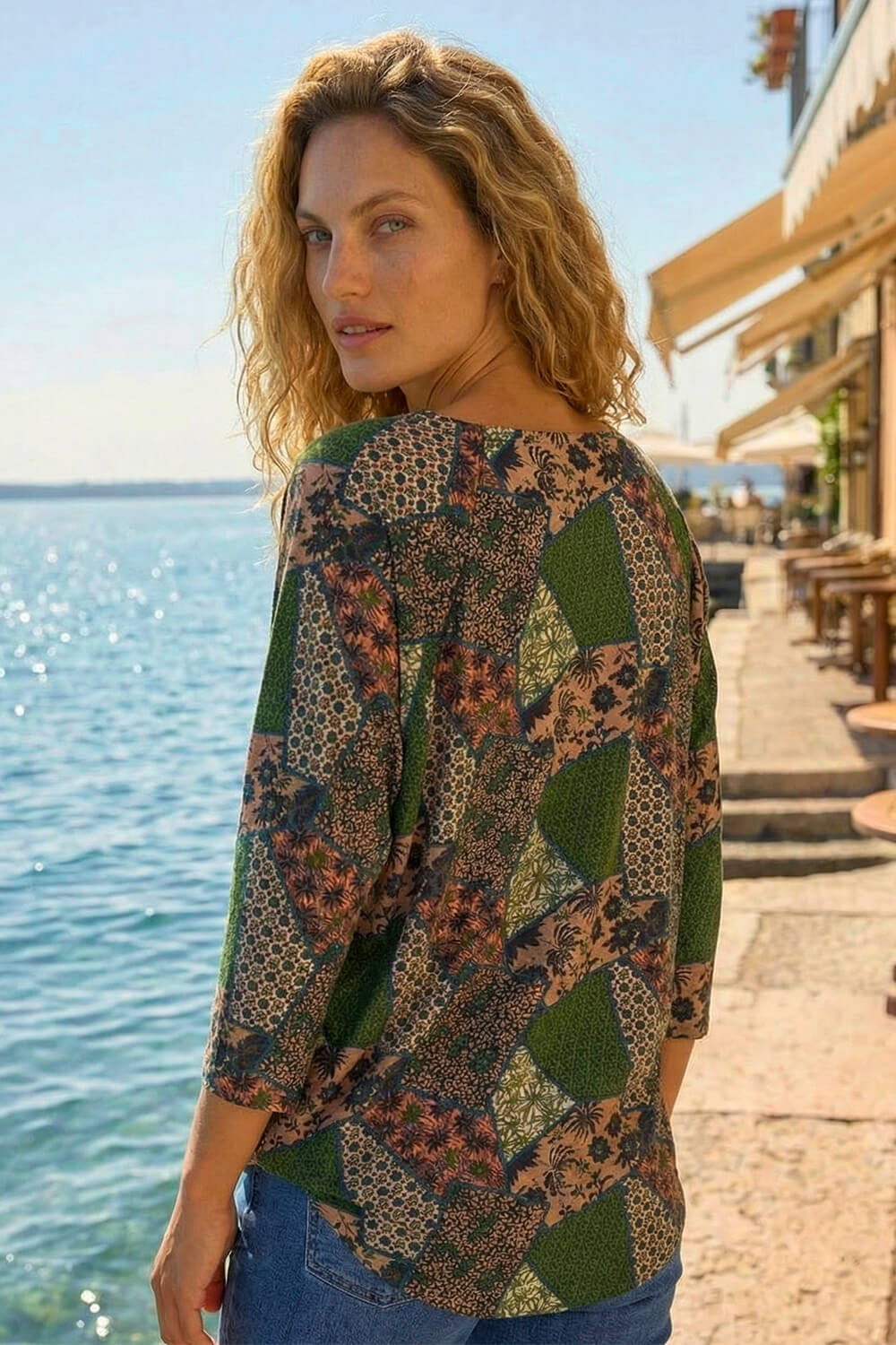 Green Floral Patchwork Stretch Top, Image 4 of 4