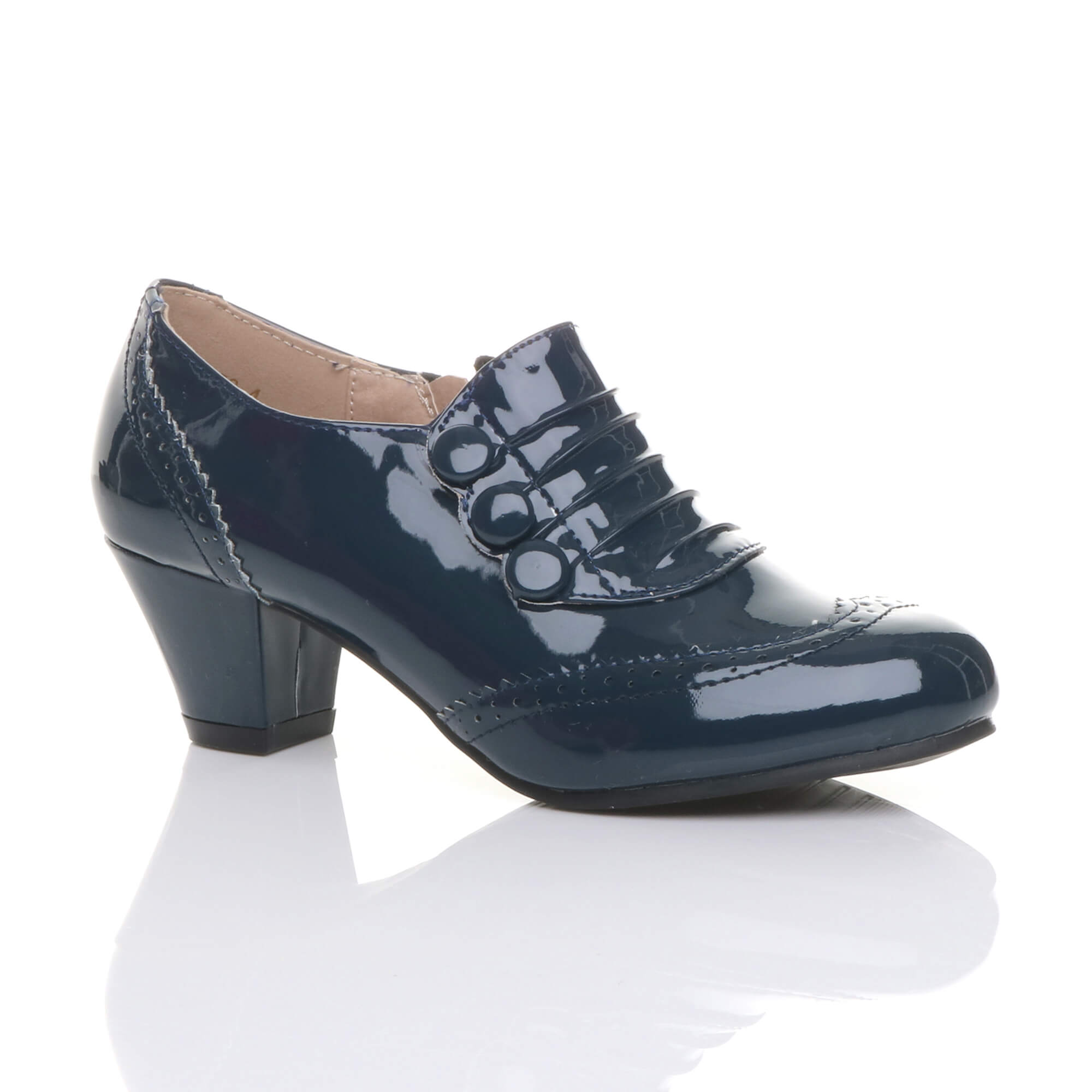 Navy Blue AJVANI Navy Blue Mid Cuban Heel Brogue Button Ankle Boots, Image 1 of 6