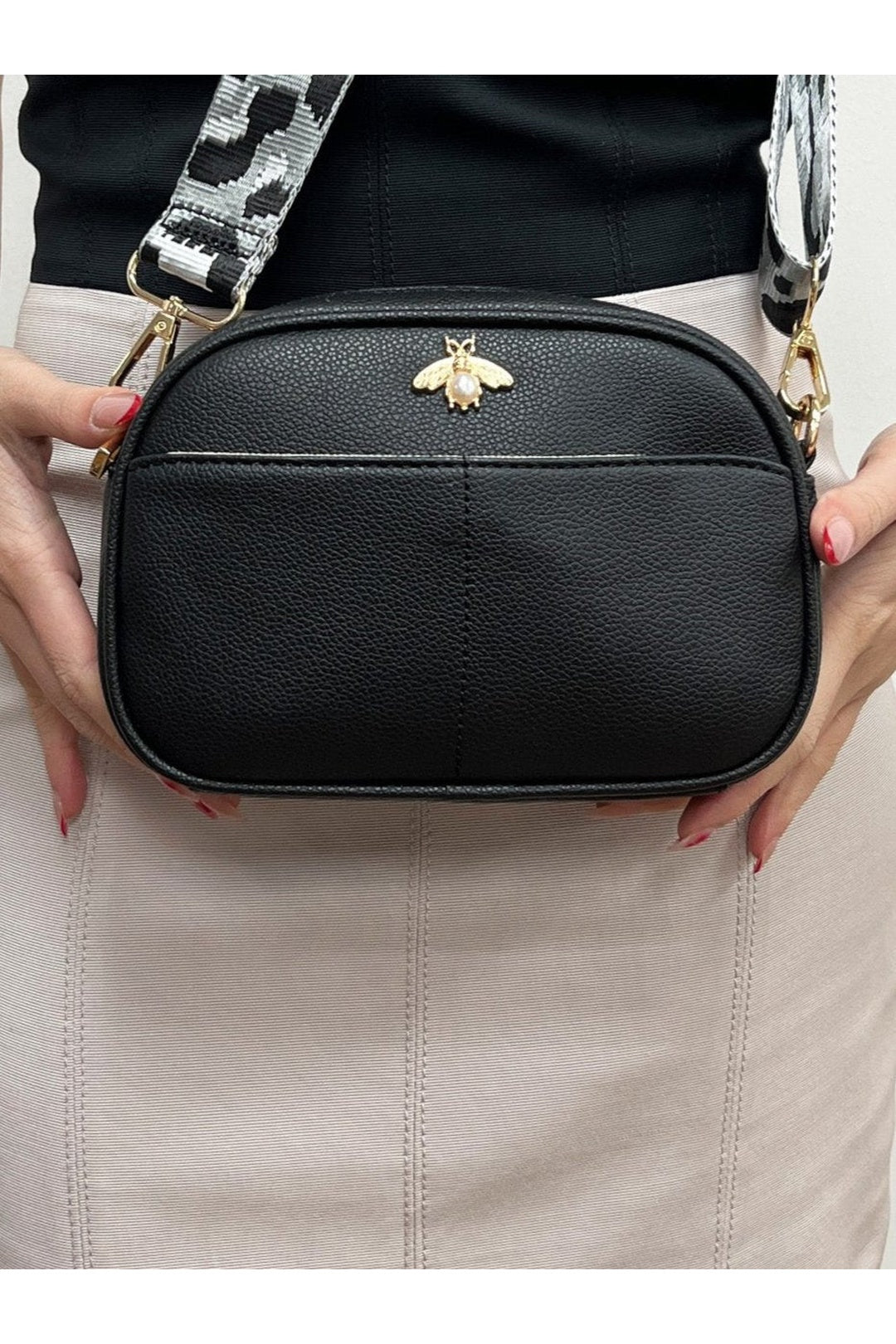 Black Bee Embellished Rounded Crossbody Bag in Black, Image 3 of 5