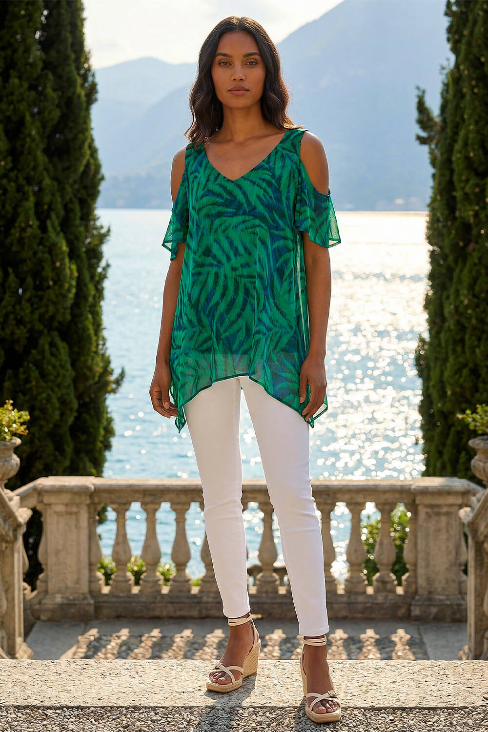 Teal Leaf Print Cold Shoulder Top, Image 3 of 4