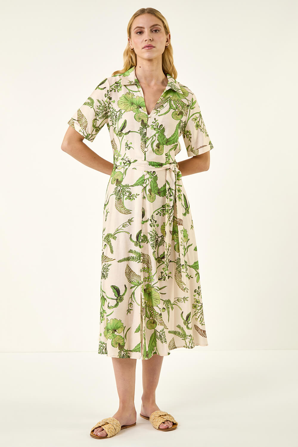 Green Floral Tie Waist Shirt Dress, Image 3 of 5