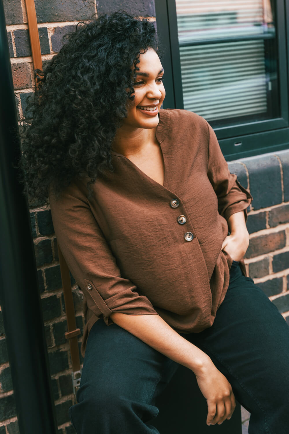 Chocolate Curve Textured Buttoned Tunic Top | Roman UK