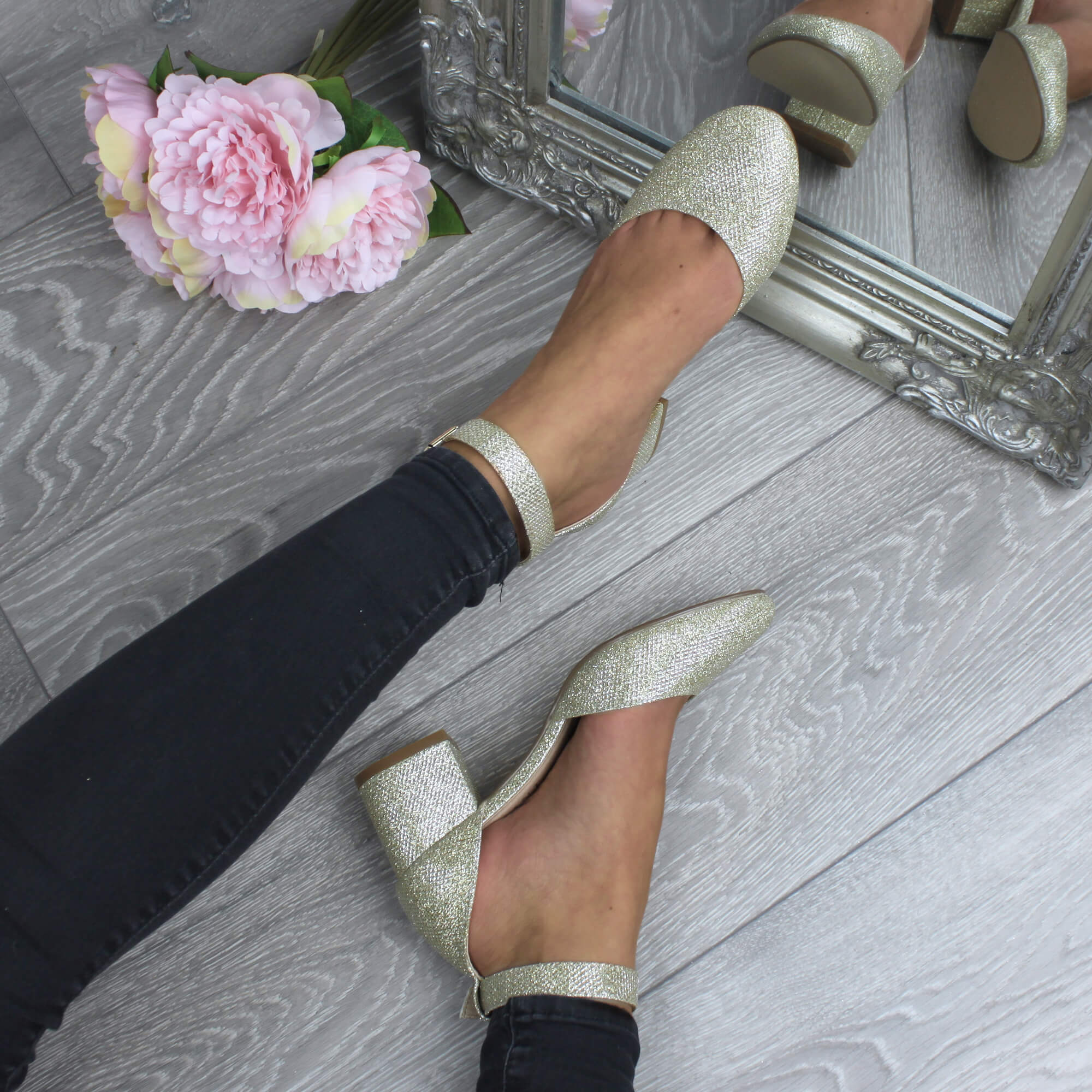 Gold Mid Block Heel Ankle Strap 2 Part Heels, Image 5 of 6