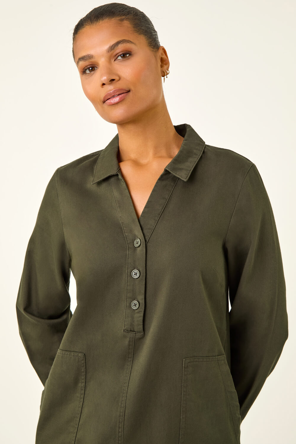KHAKI Collared Shift Shirt Dress, Image 5 of 5