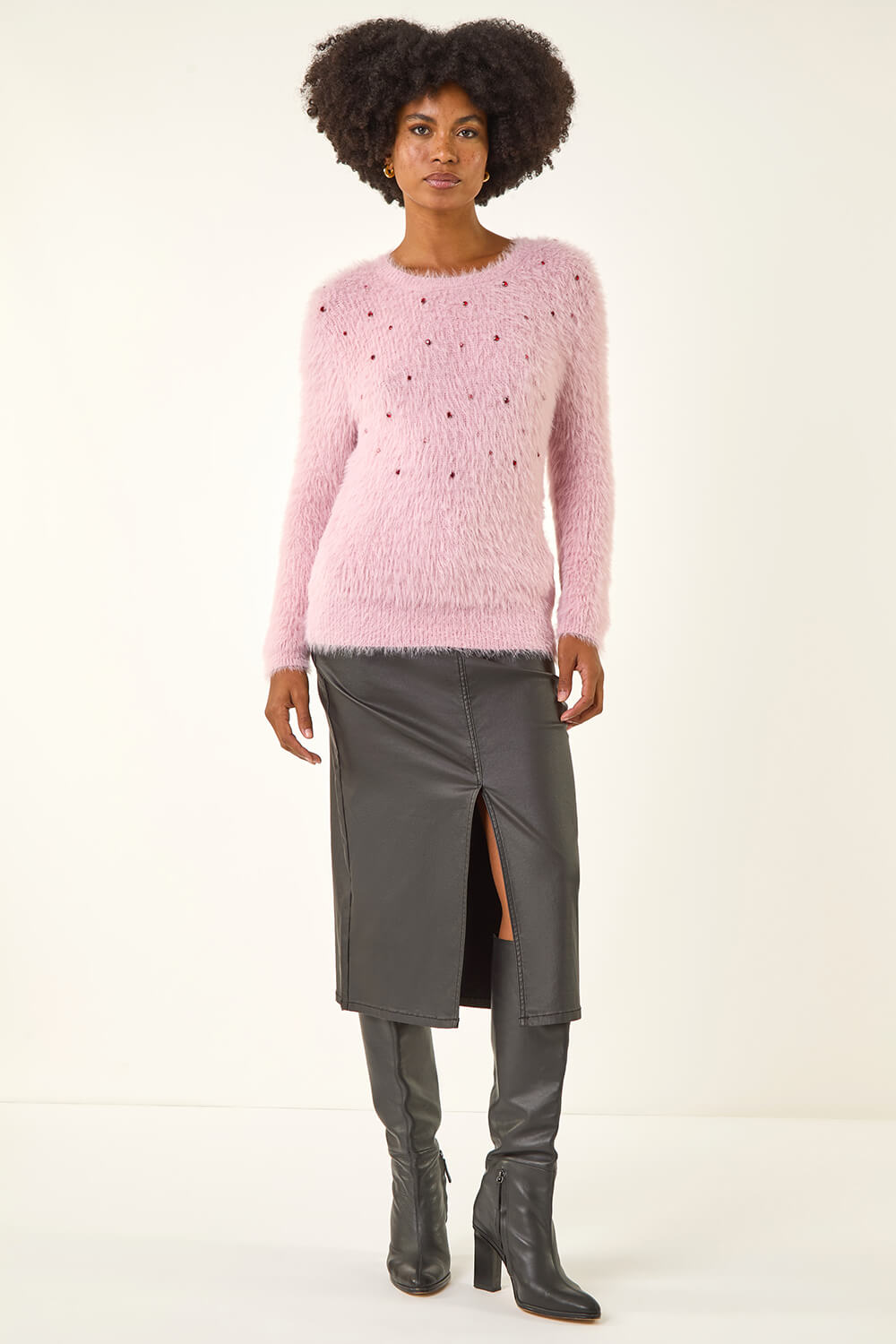 Light Pink Embellished Fluffy Knit Jumper, Image 3 of 5
