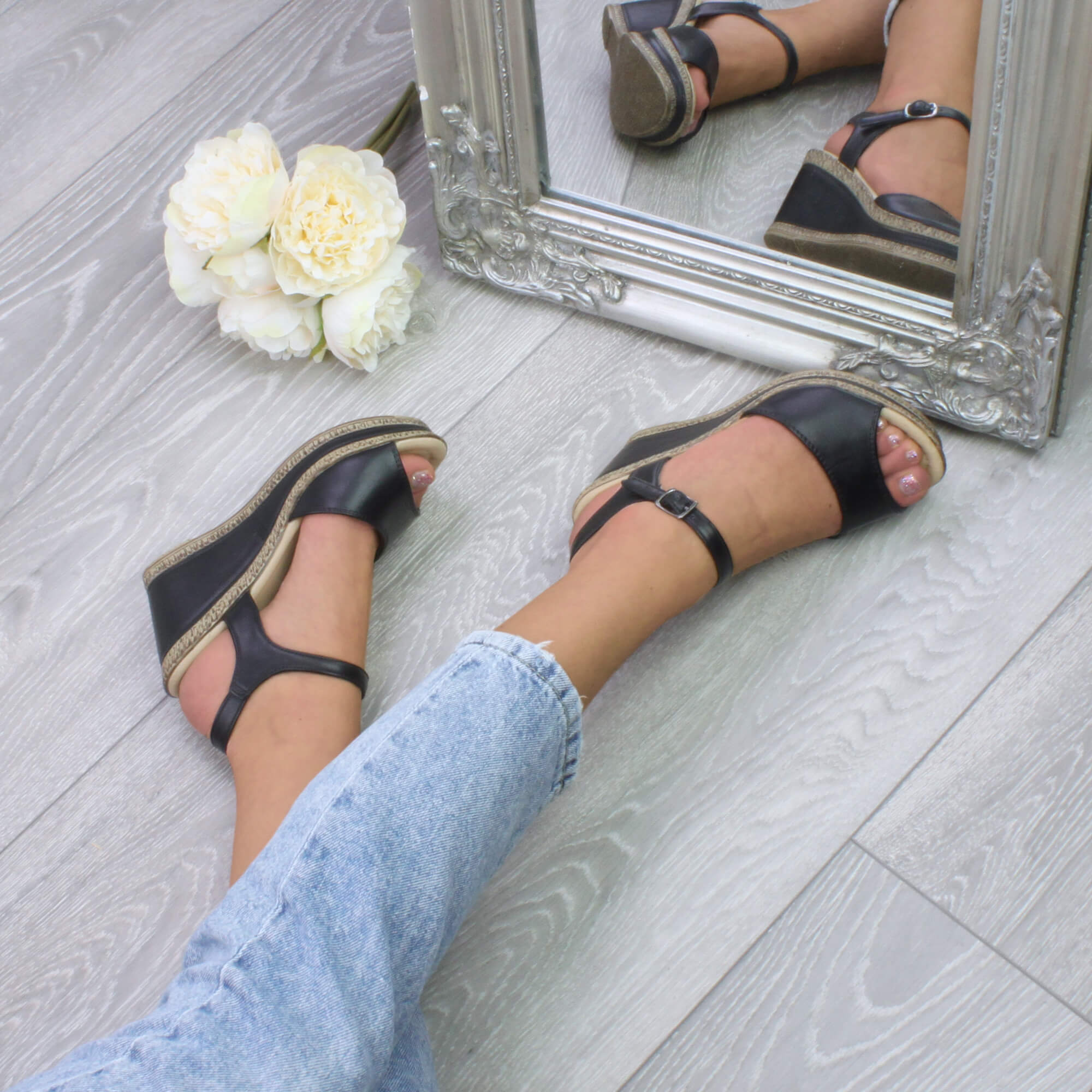 Black AJVANI Black High Wedge Heels Ankle Strap Cork Sandals, Image 5 of 6
