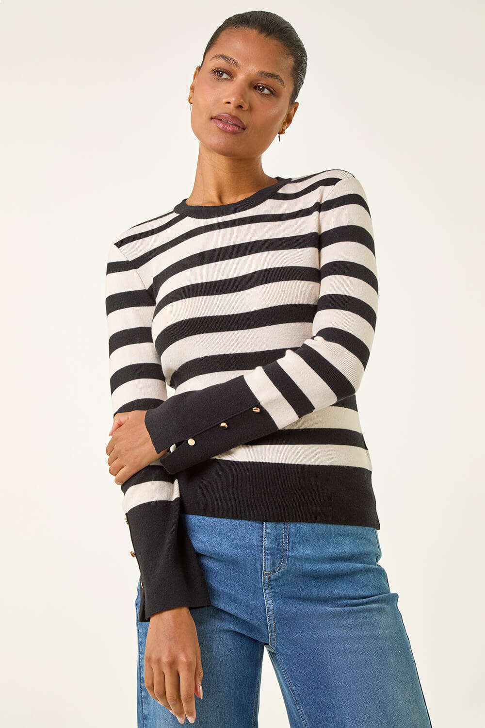 Roman Women's Ivory Stripe Button Detail Knit Jumper Size 20