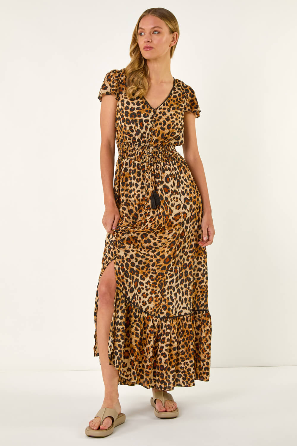 Tan Animal Print Shirred Maxi Dress, Image 4 of 5