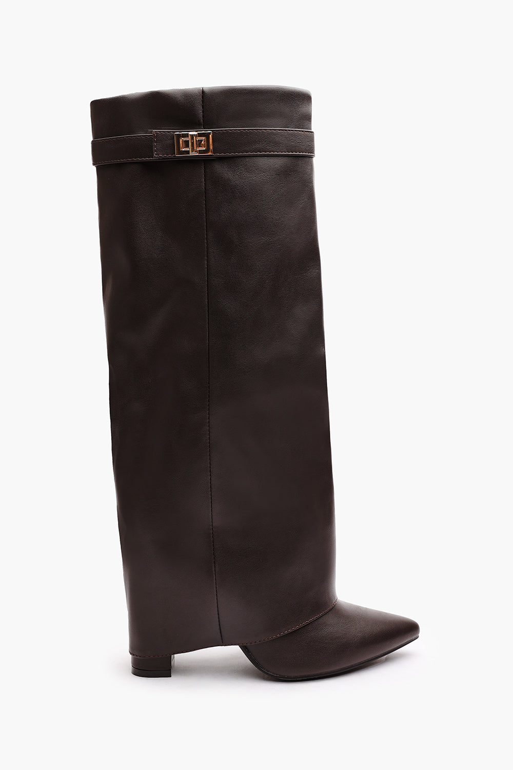 Dark Brown Keira Fold Over Shark Block Heel Point Toe Boots, Image 2 of 4