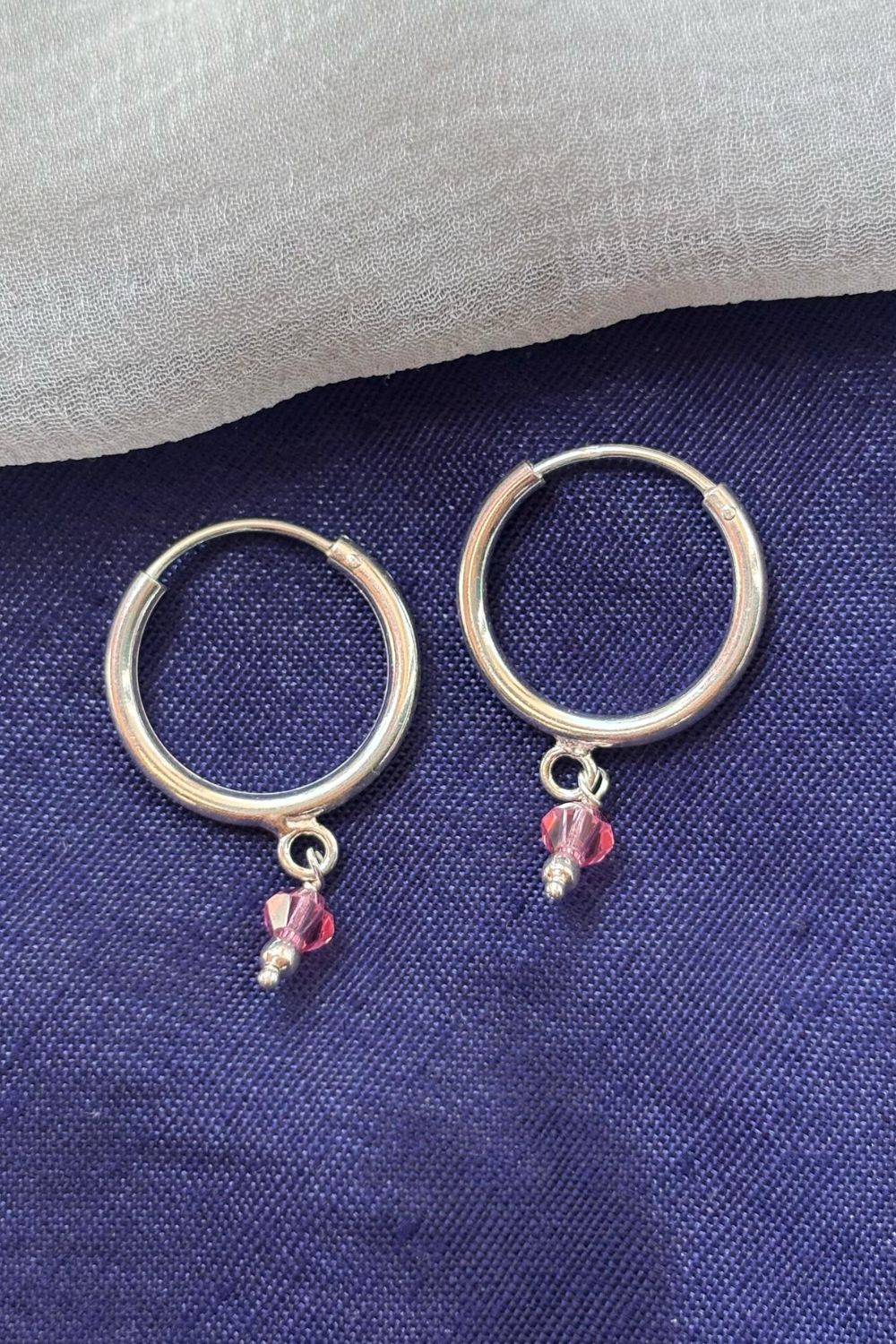 Silver Sterling Silver 1cm Bali Hoop, Pink Stone, Image 2 of 2