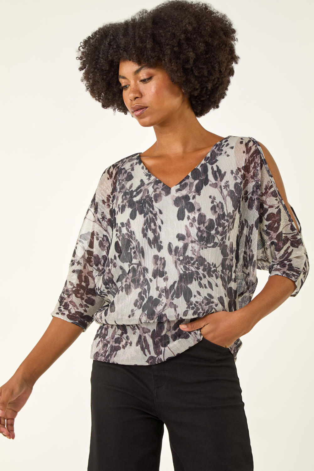 Grey Metallic Plisse Banded Hem Top, Image 5 of 5
