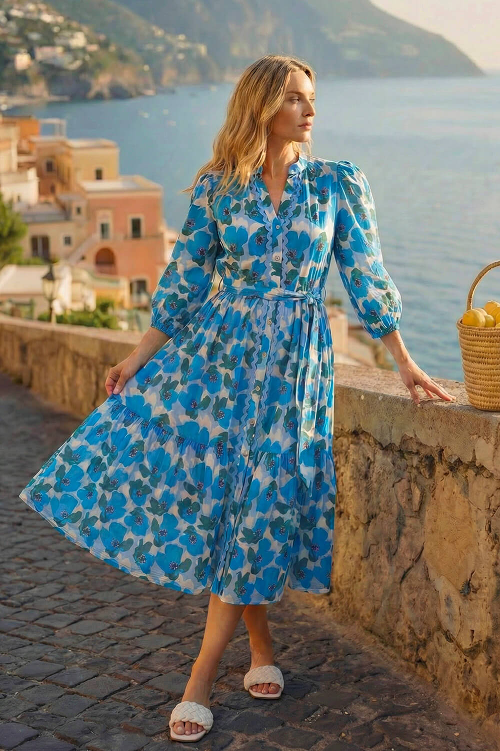 Blue Petite Floral Print Pocket Midi Dress, Image 1 of 4