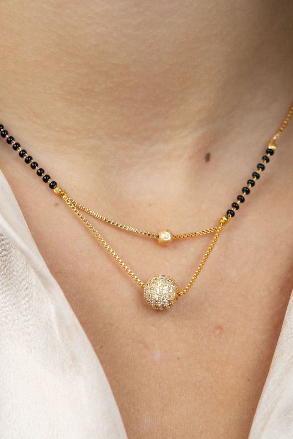 White Indian Gold Plated Black Bead Everyday Mangalsutra Minimalist Nazaria Necklace