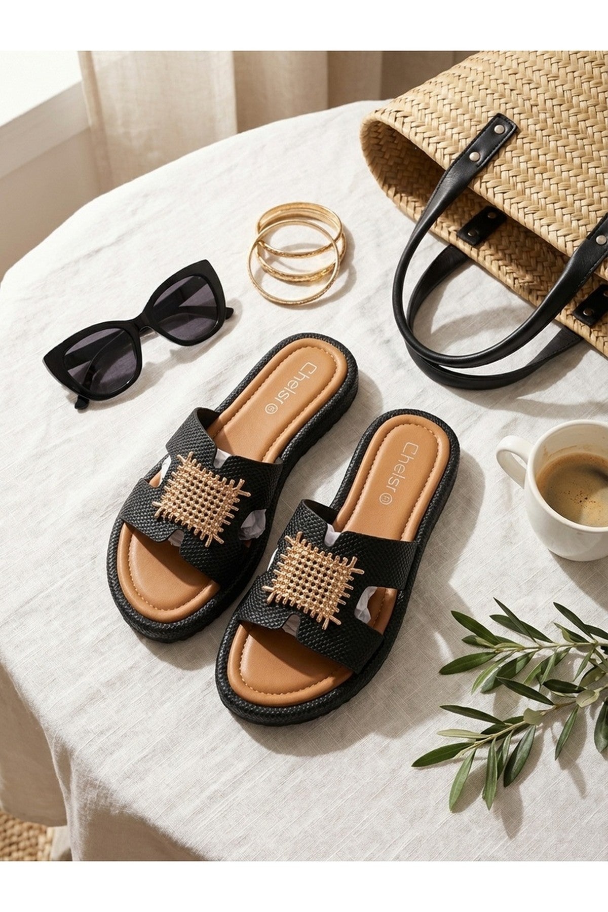 Black Amber Gold Woven Buckle Slides