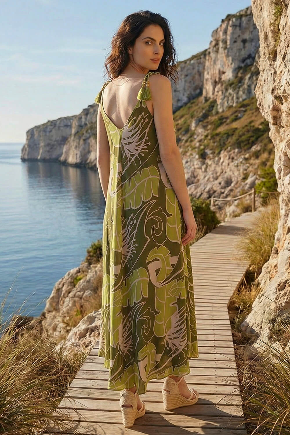 Dark Green Dusk Leaf Print Tassel Maxi Dress, Image 4 of 4