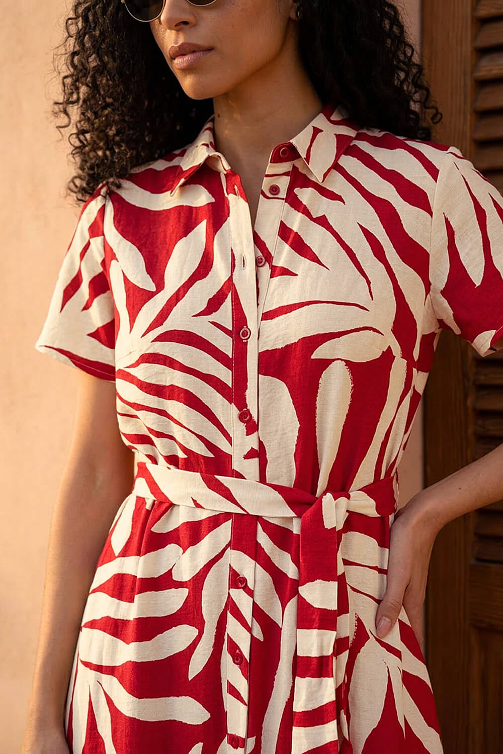 Red Leaf Print Belted Midi Shirt Dress, Image 5 of 4