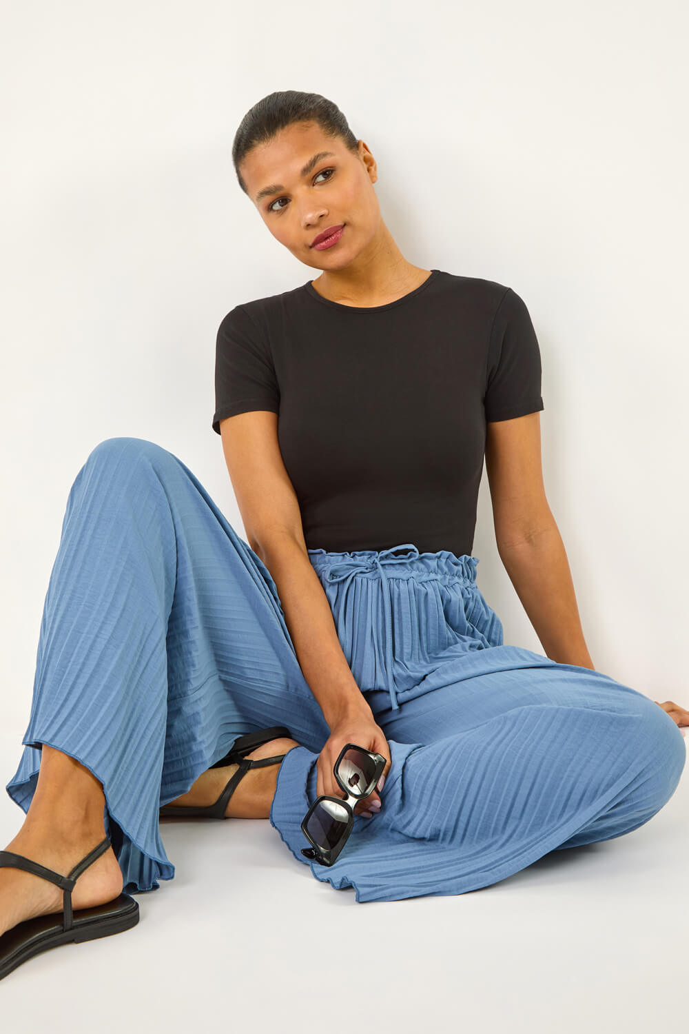 Denim Pleated Wide Leg Stretch Culottes, Image 3 of 5