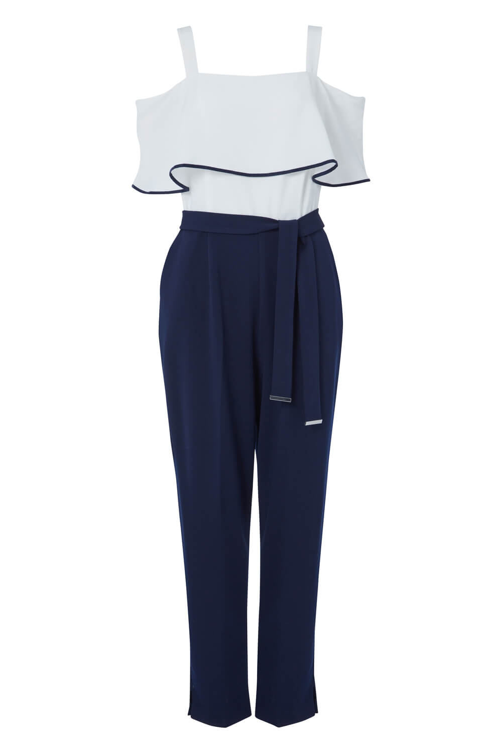 Navy Cold Shoulder Frill Detail Jumpsuit, Image 5 of 4