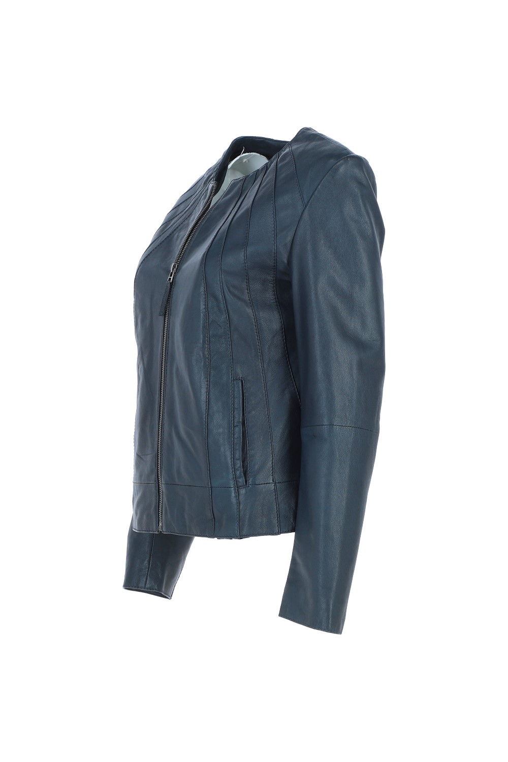 Navy 'Chambery' Collarless Real Leather Jacket, Image 3 of 5