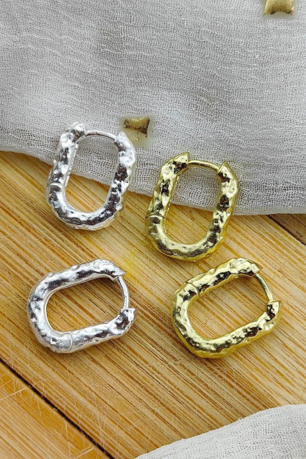 Gold Sterling Silver U-Shape Hammered Huggie Hoops, Image 2 of 3