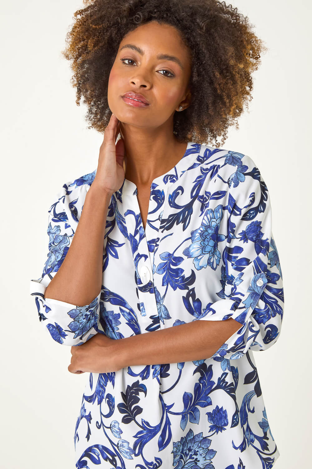 Blue Floral Print Gathered Blouse, Image 1 of 5
