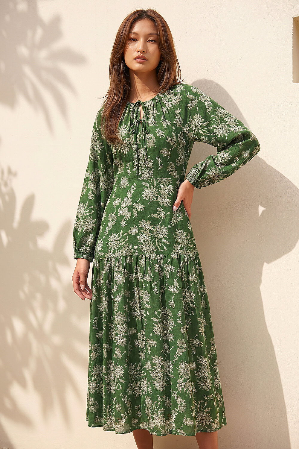 Green Floral Keyhole Tie Midi Dress, Image 1 of 4
