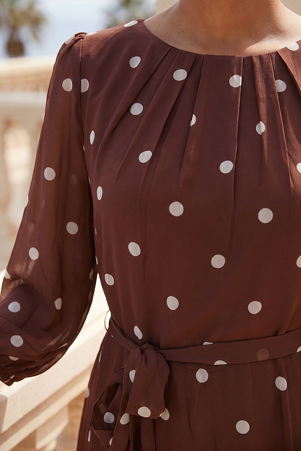 Chocolate Polka Dot Chiffon Pleated Midi Dress, Image 5 of 4