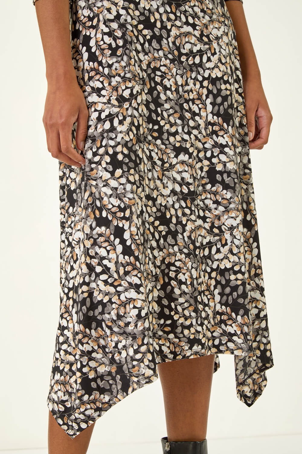 Beige Printed Hanky Hem Stretch Midi Dress, Image 6 of 5