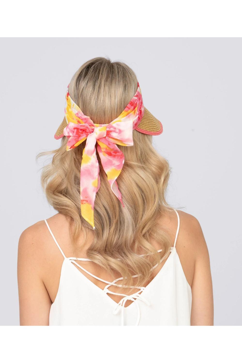 Pink Misha - Chiffon Tie Straw Visor - Hot Pink, Image 2 of 3