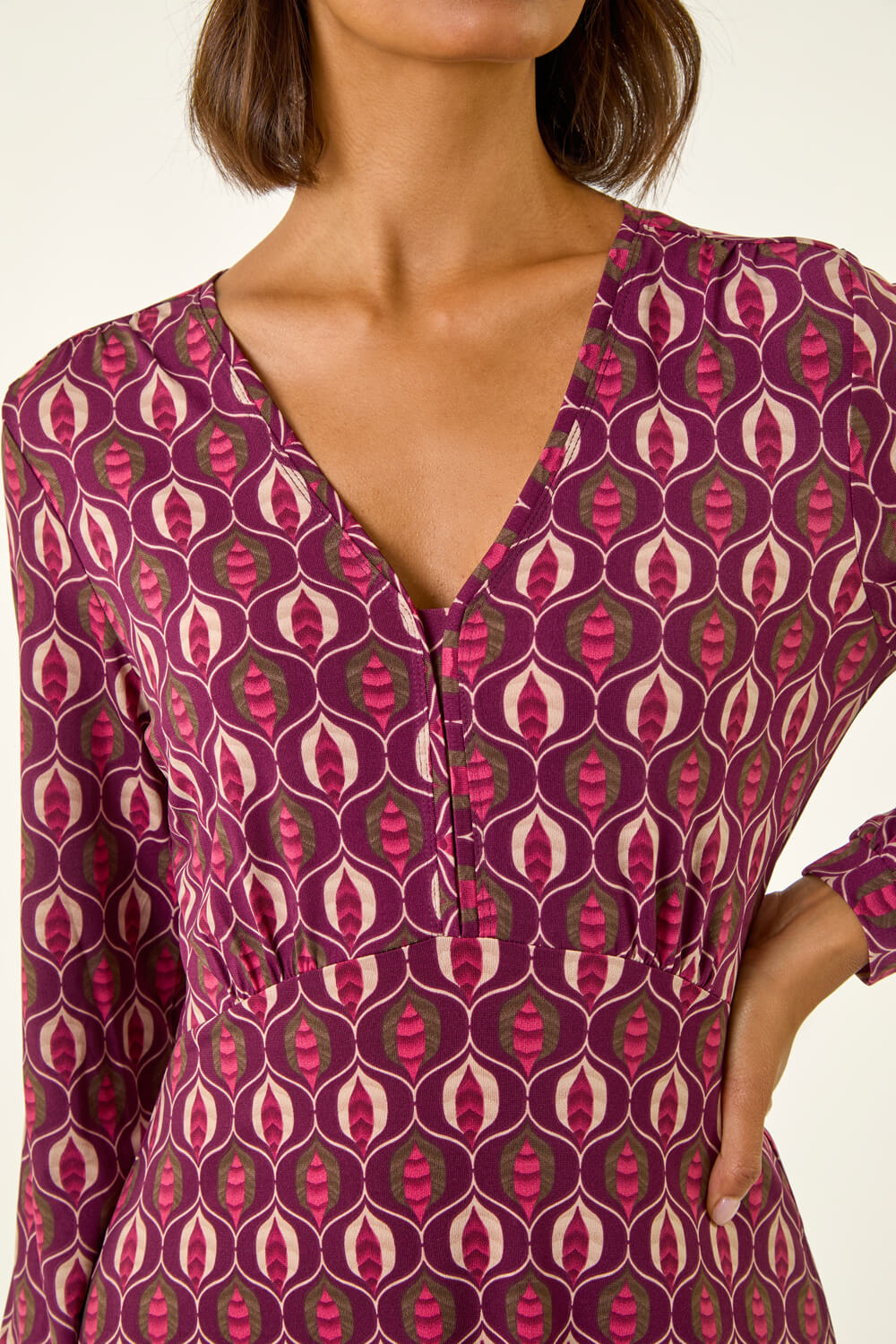 Red Geo Print V-Neck Stretch Midi Dress, Image 6 of 5
