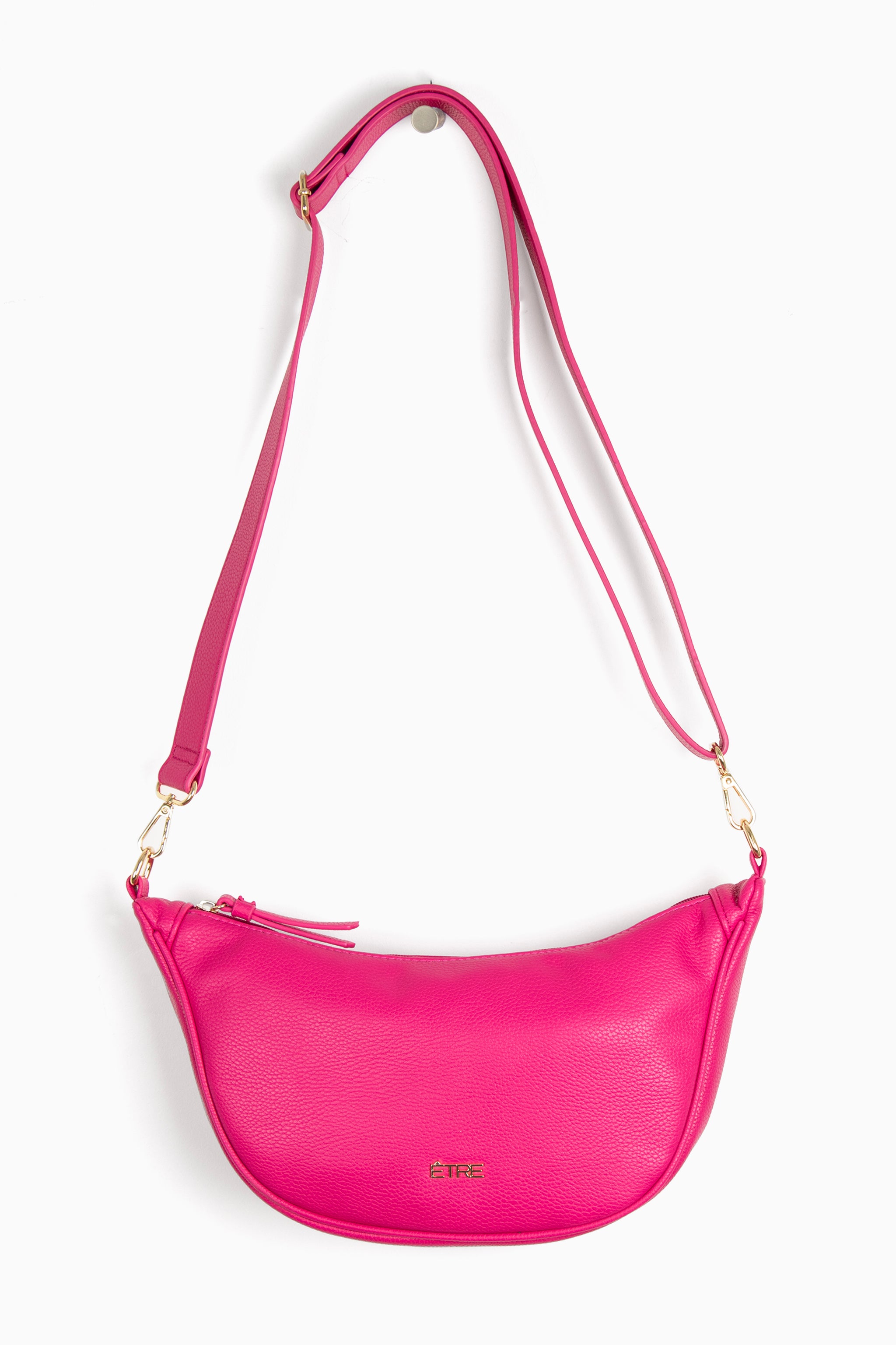 Pink Faux Leather Half Moon Crossbody Bag