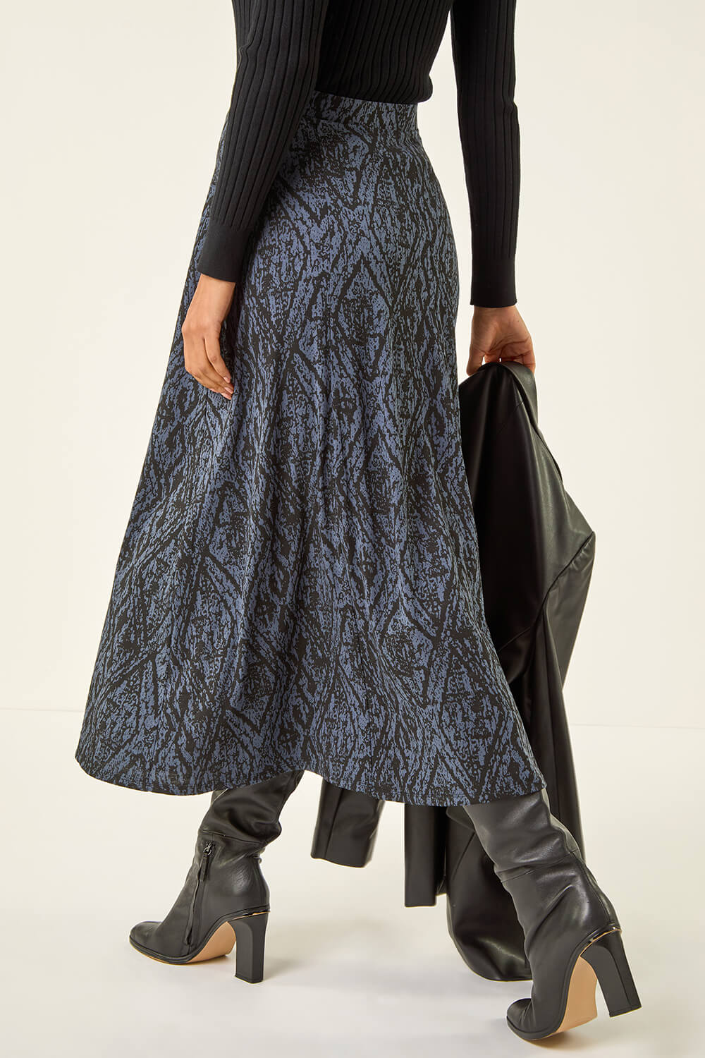 Midnight Blue Abstract Diamond Print Midi Skirt, Image 5 of 5