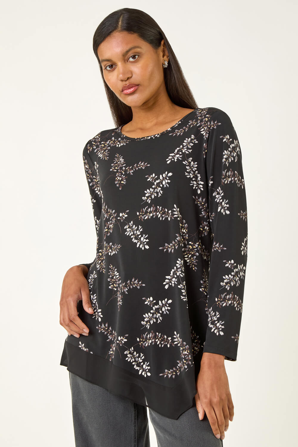 Black Floral Print Chiffon Hem Top, Image 5 of 5