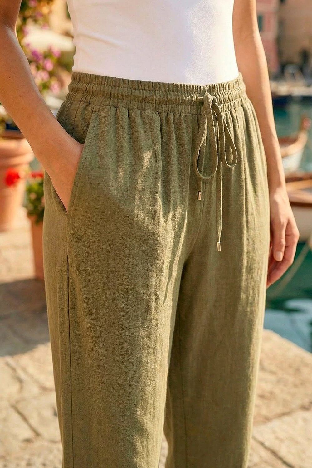 Khaki Petite Linen Blend Trousers, Image 5 of 4