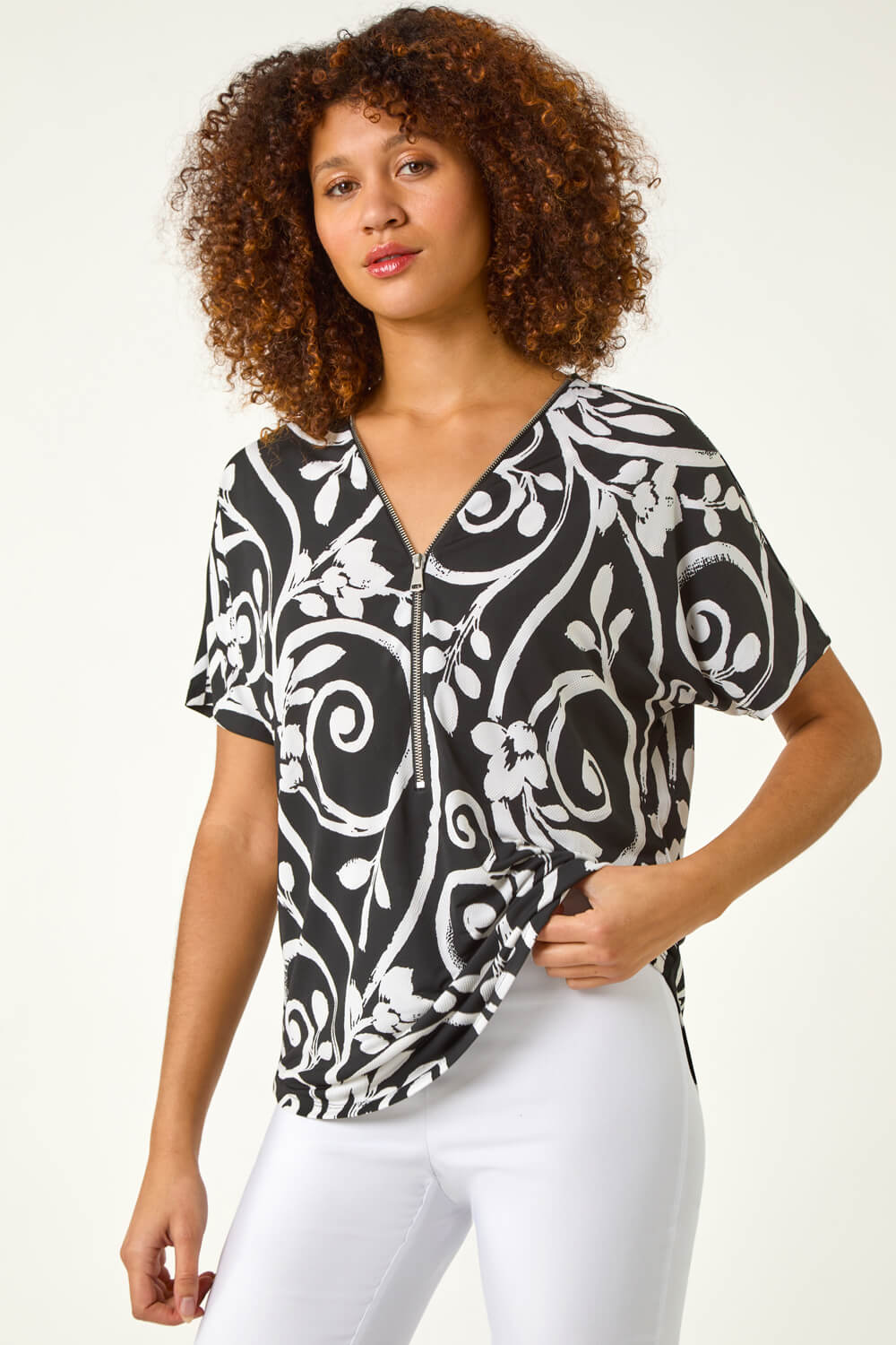 Black Textured Print Zip Detail Top | Roman UK