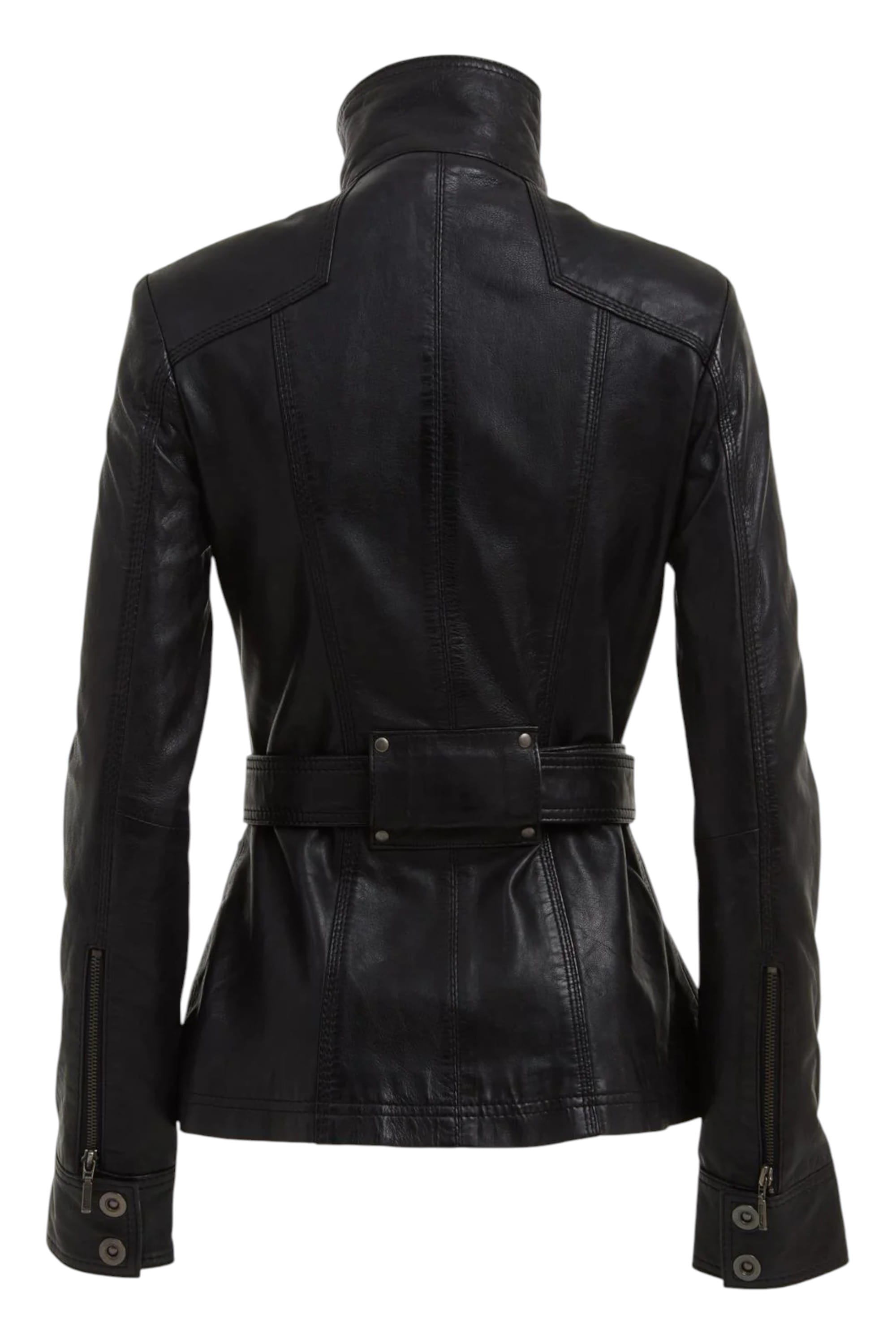 Black Womens Leather Military Biker Jacket, Image 3 of 3