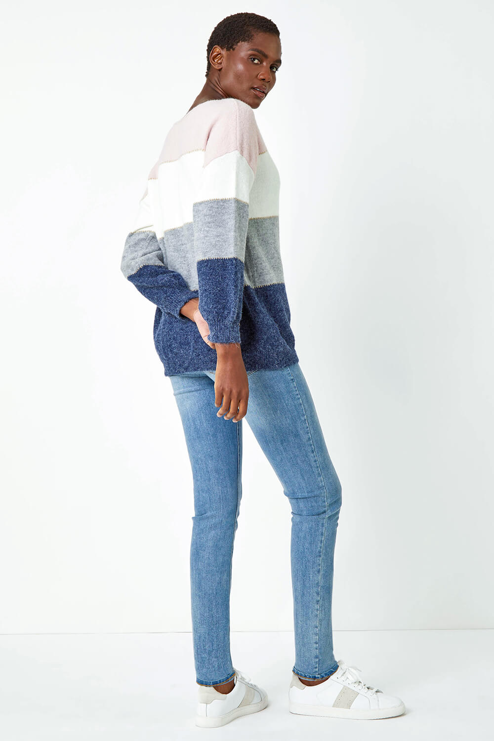 Light Pink Relaxed Colour Block Stripe Jumper, Image 4 of 5