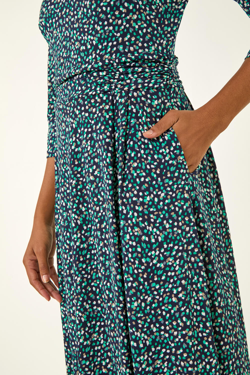 Green Abstract Print Gathered Stretch Midi Dress, Image 6 of 5