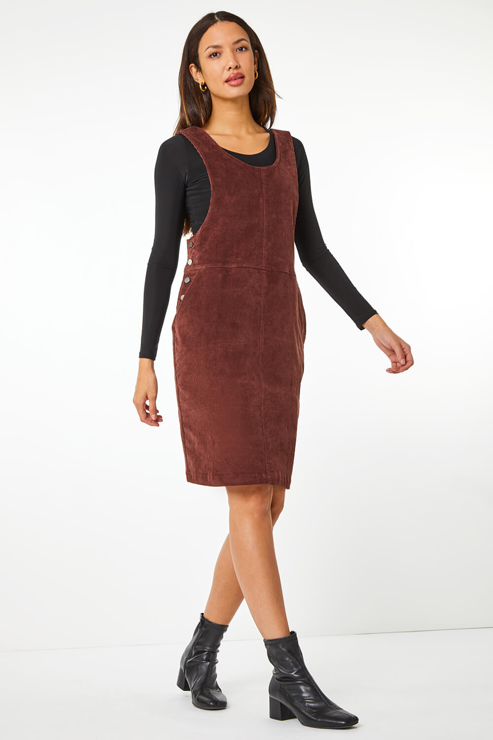 Chocolate Button Corduroy Pinafore Dress , Image 3 of 5