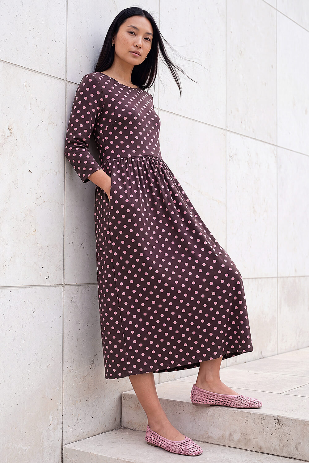 Pink Polka Dot Print Pocket Dress, Image 1 of 4