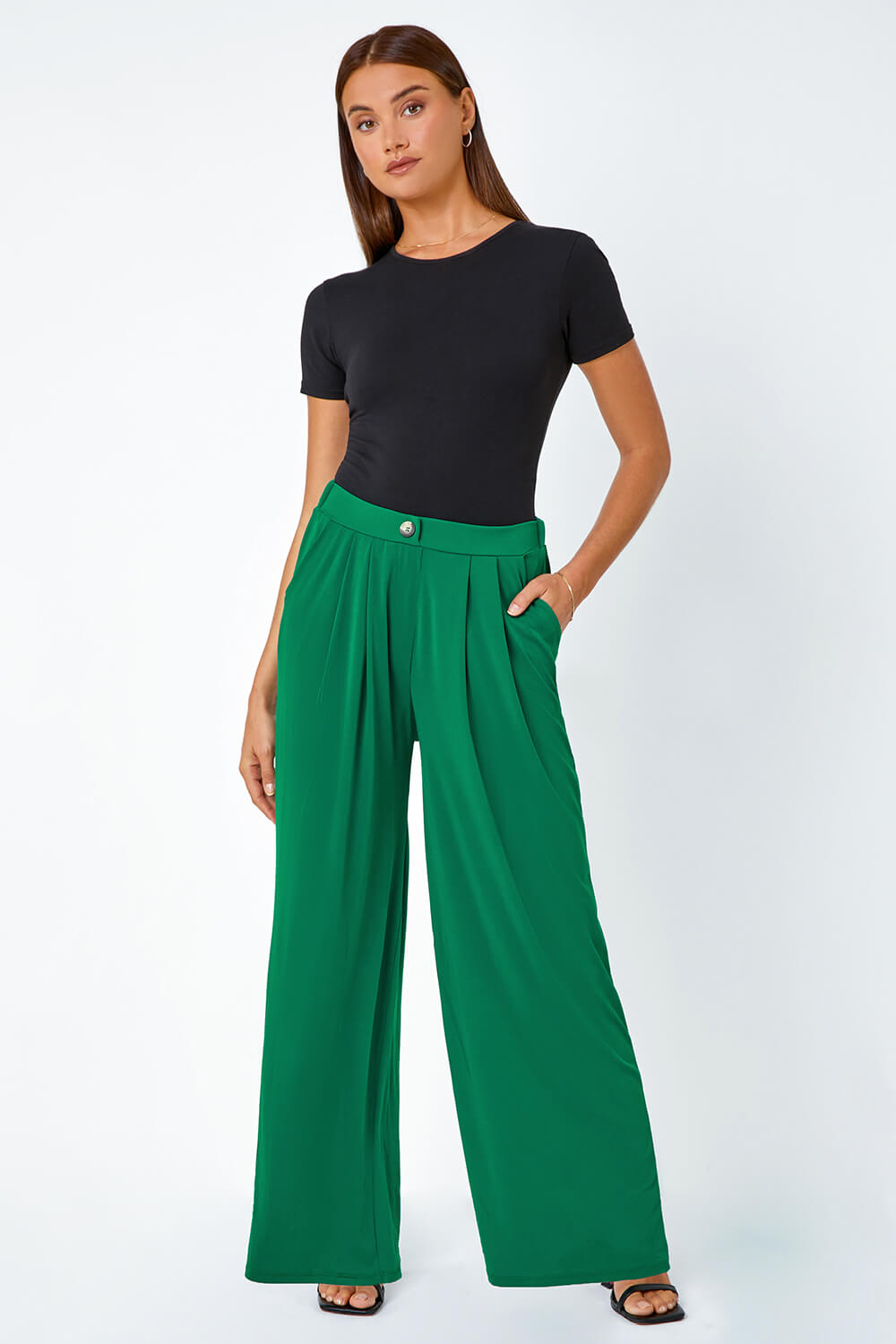 Dark Green Button Detail Wide Leg Stretch Trouser, Image 3 of 5